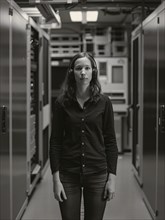 Serious female technician in a black and white shot standing in a server room of a data center, AI