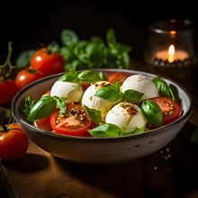 Caprese salad featuring spherical mozzarella succulent tomatoes, AI generated