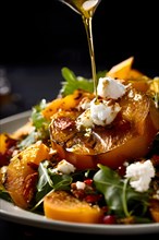 Roasted pumpkin and crumbled goat cheese nestled in an autumn salad, AI generated
