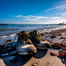 Pair of empty shoes on the shore of a beach marred by plastic waste symbolizing human influence, AI