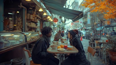 Mixed-race couple having a meal in a cafe with autumn colors and city life outdoors, AI generated