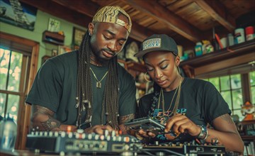 Two black DJs in cultural attire working on music mixing with a turntable and other equipment in