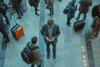 Overhead view of two men in suits at an airport, with one using a mobile phone, AI generated