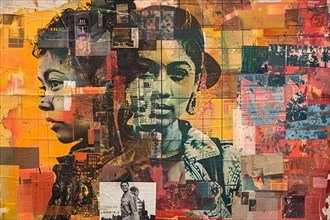 A textured urban collage blending faces with vintage and abstract elements, illustration, AI