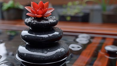 Black zen stones with a red flower on top and water drops, conveying a sense of calm, image