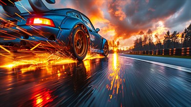 A performance car emitting sparks on a night track showcases speed and power, low ultra wide angle,