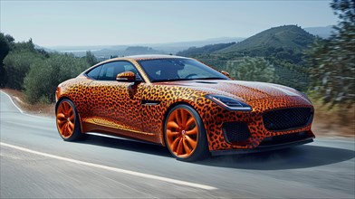 Leopard print coupe on a winding road amid green hills, AI generated