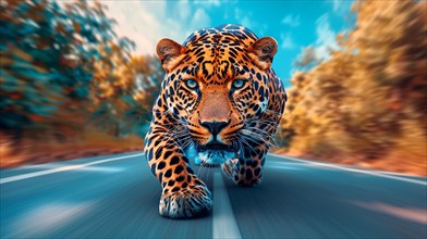 Close-up of a leopard in motion with an intense gaze and a blurred background simulating speed, AI