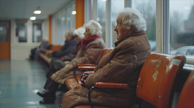 Elderly people sitting in a row in a waiting room with a dreary atmosphere in a public hospital of