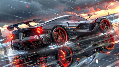 Black sports car on a reflective surface at night in the rain, AI generated