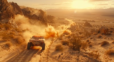 A rally car speeds through the desert, kicking up clouds of dust in golden sunset light, AI
