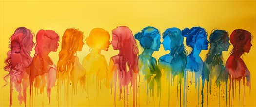 Profiles of female figures with a paint dripping effect creating a color gradient from yellow to