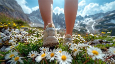 Hiking shoes on a path surrounded by wildflowers in the mountains, AI generated