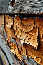 Cracked paint on a wooden surface symbolizing the impact of extreme weather conditions, AI