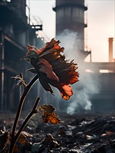 Wilted flower against a backdrop of industrial smokestacks, AI generated