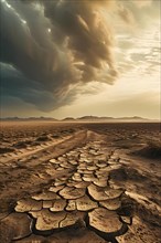Desolate farmland overwhelmed by encroaching desert sands, AI generated
