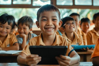 Preschool boy sitting in the classroom with a digital tablet and looking smiling into the camera,