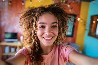 Young teenage girl taking selfie in her colorful room. KI generiert, generiert, AI generated