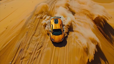 An orange car speeding through desert sand dunes, creating a massive dust trail, action sports