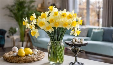 A large bouquet of yellow daffodils in a vase stands on the table in the flat, AI generated, AI