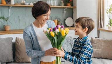 A boy hands a smiling older woman a colourful bouquet of tulips, symbol of Mother's Day, AI