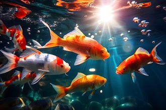 Brightly colored koi fish congregation underwater scene elegantly gliding in a peaceful atmosphere,