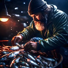 Fisherman meticulously sorting through catch separating valuable fish discarding bycatch, AI
