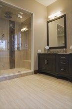 Main bathroom with double steam glass shower stall and vanity in extension inside luxurious log