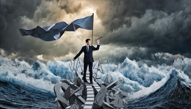 A man stands on rubble and triumphantly holds a flag against stormy seas, symbolising bureaucracy,