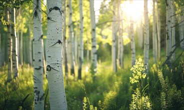 Warm sunlight and long shadows in a tranquil birch forest AI generated