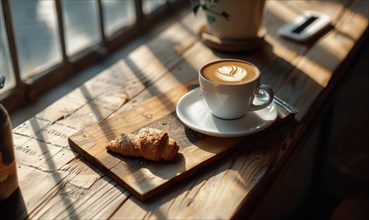 A cup of coffee and a croissant on a wooden serving board beside a window AI generated