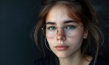 Piercing gaze of a thoughtful woman with freckles, framed by eyeglasses AI generated