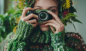 Woman with floral headpiece holding a camera, wearing a colorful knitted sweater AI generated