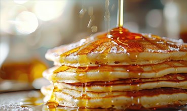 Close-up of syrup splashing onto a vibrant stack of golden pancakes AI generated