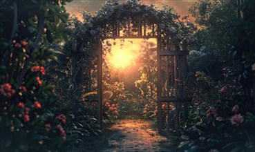A sunset view through an arched gate over a garden path lined with flowers AI generated