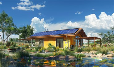 Sustainable yellow house with solar panels surrounded by a lush pond and greenery AI generated