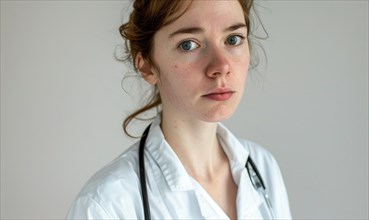 A stern-looking female doctor in a white coat with a stethoscope portrays professionalism AI