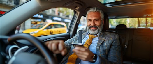 Stylish man texting on his cellphone in a luxury car with a busy city background, AI generated