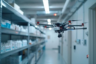 A modern drone flying in a warehouse with shelves full of boxes, AI generated