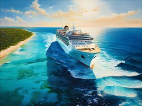 Painting of aerial view of cruise ship cutting through the deep blue caribbean, AI generated