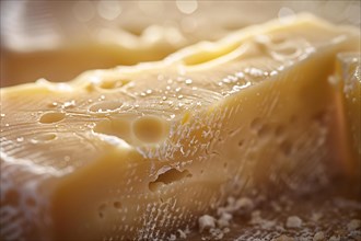 Close-up of a piece of parmesan cheese highlighting its texture and water droplets, AI generated