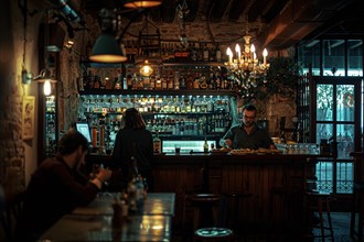 Bartender working in a dimly lit bar with a cozy vintage atmosphere, AI generated