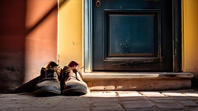 Worn shoes poised on the doorstep, AI generated