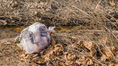 A crushed plastic bag amidst debris and dry grass highlights environmental pollution, in South