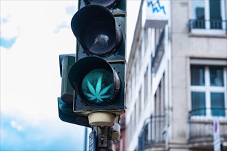 Traffic lights with cannabis leaf and right of way sign in Aachen, Germany, Europe