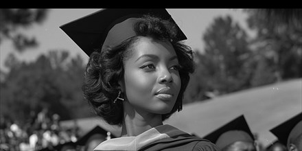A poignantly poised black female graduate in side profile, 1960s film modd, black-and-white, AI