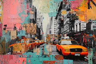 Colorful pop art style cityscape with taxis and vibrant depiction of New York streets,