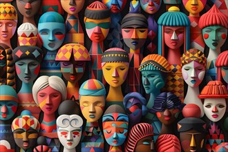 Colorful abstract artwork with a variety of patterned, figurative faces, illustration, AI generated