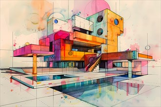 A vibrant watercolor painting depicting an abstract, geometrically designed modern building, AI