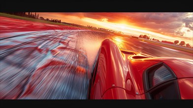 Red sports car racing on road with sunset in the background, creating a motion blur, AI generated